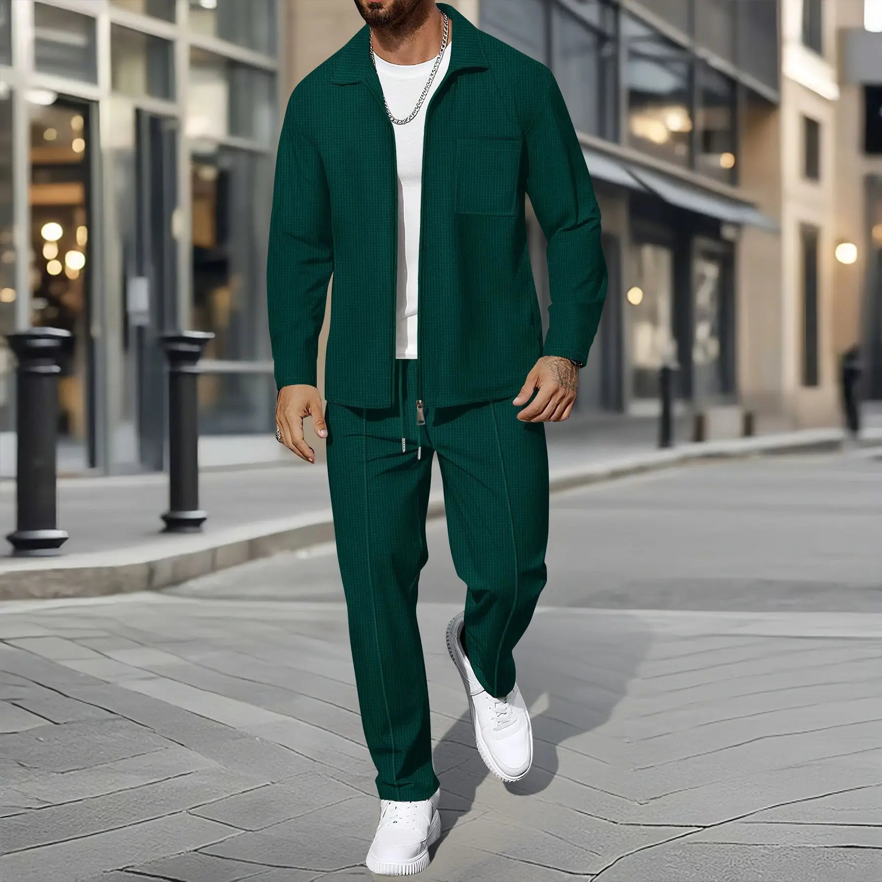 Herren Business Casual Zweiteiliges Set Frühling Herbst Waffel Reißverschluss Hemd Mantel und Hose Trendiges modisches Outfit